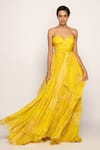 Buy_Saaksha & Kinni_Yellow Chiffon Print Bandhani Sweetheart Neck Strapless Dress _at_Aza_Fashions