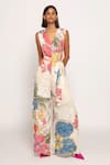 Buy_Saaksha & Kinni_Ivory Satin Print Periwinkle V Neck Jumpsuit _at_Aza_Fashions