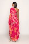 Shop_Saaksha & Kinni_Pink 100% Silk Print Marigold Bandhani Asymmetric One Shoulder Kaftan _at_Aza_Fashions