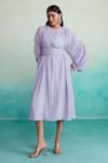 Buy_The Right Cut_Purple Chanderi Embroidery Round Neck Amethyst Dress With Belt _Online_at_Aza_Fashions
