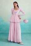 The Right Cut_Pink Chanderi Embroidery Round Neck Rosalyn Peplum Top And Sharara Set _Online_at_Aza_Fashions