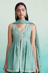Shop_The Right Cut_Green Chanderi Embroidery Keyhole Neck Aquamarine Hand Top Sharara Set _Online_at_Aza_Fashions