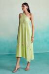 Buy_The Right Cut_Green Chanderi Tassels One Shoulder Vividora Embroidered Dress _at_Aza_Fashions