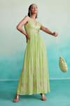 Buy_The Right Cut_Green 40g Chanderi Hand Embroidered Thread V Neck Citrine Jumpsuit _Online_at_Aza_Fashions