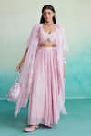 Buy_The Right Cut_Pink 40g Chanderi Hand Embroidered Thread Leaf Neck Cape Sharara Set _at_Aza_Fashions