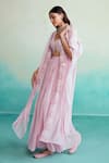 Shop_The Right Cut_Pink 40g Chanderi Hand Embroidered Thread Leaf Neck Cape Sharara Set _at_Aza_Fashions