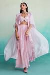 Buy_The Right Cut_Pink 40g Chanderi Hand Embroidered Thread Leaf Neck Cape Sharara Set _Online_at_Aza_Fashions
