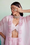 The Right Cut_Pink 40g Chanderi Hand Embroidered Thread Leaf Neck Cape Sharara Set _at_Aza_Fashions