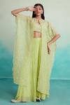 Buy_The Right Cut_Green 40g Chanderi Hand Embroidered Thread Leaf Neck Citra Cape Sharara Set _at_Aza_Fashions