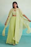 Shop_The Right Cut_Green 40g Chanderi Hand Embroidered Thread Leaf Neck Citra Cape Sharara Set _at_Aza_Fashions