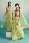 The Right Cut_Green 40g Chanderi Hand Embroidered Thread Citrus Blouse Lehenga Set _Online_at_Aza_Fashions