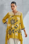 Buy_Namrata Joshipura_Yellow Georgette Embroidery Floral Notched Round Asymmetric Tunic _Online_at_Aza_Fashions