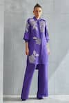 Buy_Namrata Joshipura_Purple Linen Satin Embellished Floral Collared Neck Pattern Tunic _at_Aza_Fashions