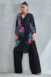 Namrata Joshipura_Black Linen Satin Print Floral Collared Neck Zinnia Bloom Pattern Tunic _Online_at_Aza_Fashions