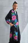 Shop_Namrata Joshipura_Black Linen Satin Print Floral Collared Neck Zinnia Bloom Pattern Tunic _Online_at_Aza_Fashions