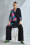 Namrata Joshipura_Black Linen Satin Print Floral Collared Neck Zinnia Bloom Pattern Tunic _at_Aza_Fashions