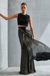 Namrata Joshipura_Black Shimmer Chiffon Embellished Beads Pre-draped Saree With Scallop Blouse _Online_at_Aza_Fashions