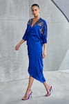 Buy Namrata Joshipura Blue Satin Embroidery V-neck River Leaf Embellished Draped Dress Online at Aza Fashions Buy_Namrata Joshipura_Blue Satin Embroidery V-neck River Leaf Embellished Draped Dress _Online_at_Aza_Fashions