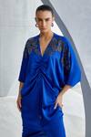 Shop Namrata Joshipura Blue Satin Embroidery V-neck River Leaf Embellished Draped Dress Online at Aza Fashions Shop_Namrata Joshipura_Blue Satin Embroidery V-neck River Leaf Embellished Draped Dress _Online_at_Aza_Fashions