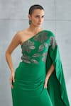 Namrata Joshipura Green Jersey Embellished Stone Asymmetric River Leaf Pattern Shoulder Gown at Aza Fashions Namrata Joshipura_Green Jersey Embellished Stone Asymmetric River Leaf Pattern Shoulder Gown _at_Aza_Fashions