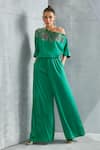 Buy_NAMRATA JOSHIPURA_Green Satin Embellished Stone River Leaf Pattern Drop Shoulder Jumpsuit _at_Aza_Fashions