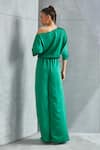 Shop_Namrata Joshipura_Green Satin Embellished Stone River Leaf Pattern Drop Shoulder Jumpsuit _at_Aza_Fashions