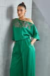 Shop_Namrata Joshipura_Green Satin Embellished Stone River Leaf Pattern Drop Shoulder Jumpsuit _Online_at_Aza_Fashions