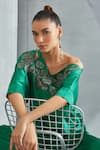 NAMRATA JOSHIPURA_Green Satin Embellished Stone River Leaf Pattern Drop Shoulder Jumpsuit _at_Aza_Fashions