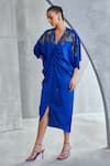 Buy Namrata Joshipura Blue Satin Embroidery V-neck River Leaf Embellished Draped Dress at Aza Fashions Buy_Namrata Joshipura_Blue Satin Embroidery V-neck River Leaf Embellished Draped Dress _at_Aza_Fashions