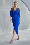 Namrata Joshipura Blue Satin Embroidery V-neck River Leaf Embellished Draped Dress at Aza Fashions Namrata Joshipura_Blue Satin Embroidery V-neck River Leaf Embellished Draped Dress _at_Aza_Fashions