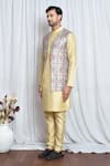 Shop_Aryavir Malhotra_Grey Silk Flora Mural Art Pattern Nehru Jacket _Online_at_Aza_Fashions