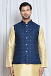 Aryavir Malhotra_Blue Jacquard Mughal Flora Woven Nehru Jacket _Online_at_Aza_Fashions