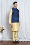 Aryavir Malhotra_Blue Jacquard Mughal Flora Woven Nehru Jacket _at_Aza_Fashions