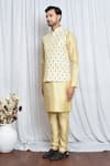 Shop_Aryavir Malhotra_Yellow Soft Cotton Flora Motif Pattern Nehru Jacket _Online_at_Aza_Fashions