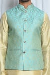 Aryavir Malhotra_Blue Jacquard Crest Flora Woven Nehru Jacket _Online_at_Aza_Fashions