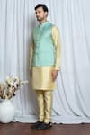 Shop_Aryavir Malhotra_Blue Jacquard Crest Flora Woven Nehru Jacket _Online_at_Aza_Fashions