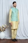 Aryavir Malhotra_Blue Jacquard Crest Flora Woven Nehru Jacket _at_Aza_Fashions