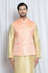 Aryavir Malhotra_Orange Jacquard Damask Crest Woven Nehru Jacket _Online_at_Aza_Fashions