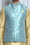 Arihant Rai Sinha_Blue Jacquard Brooches Flowery Nehru Jacket _Online_at_Aza_Fashions