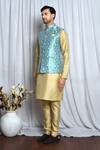 Shop_Arihant Rai Sinha_Blue Jacquard Brooches Flowery Nehru Jacket _Online_at_Aza_Fashions