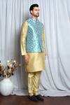 Arihant Rai Sinha_Blue Jacquard Brooches Flowery Nehru Jacket _at_Aza_Fashions