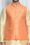 Buy_Aryavir Malhotra_Orange Jacquard Blossom Motif Woven Nehru Jacket _Online_at_Aza_Fashions