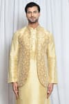 Aryavir Malhotra_Gold Jacquard Buttercup Flora Woven Nehru Jacket _Online_at_Aza_Fashions