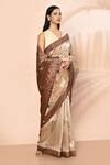 Buy_Nazaakat by Samara Singh_Beige Silk Printed And Embroidered Stripe Lotus Saree With Running Blouse_Online_at_Aza_Fashions