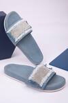 Shop_Schon Zapato_Blue Rhinestone Embellished Denim Flip Flops_at_Aza_Fashions