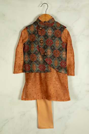 Buy_Minikin_Orange Linen, Chanderi Silk, Cotton Embroidery Ikat Printed Kurta Set _at_Aza_Fashions