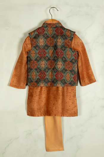 Shop_Minikin_Orange Linen, Chanderi Silk, Cotton Embroidery Ikat Printed Kurta Set _at_Aza_Fashions