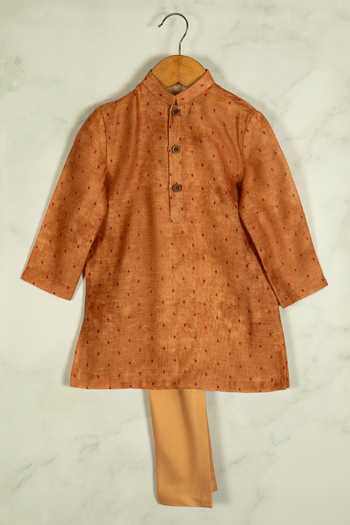 Minikin_Orange Linen, Chanderi Silk, Cotton Embroidery Ikat Printed Kurta Set _Online_at_Aza_Fashions