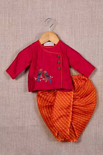 Buy_Minikin_Red Cotton, Silk Embroidery Kurta And Leheriya Pattern Dhoti Pant Set _at_Aza_Fashions