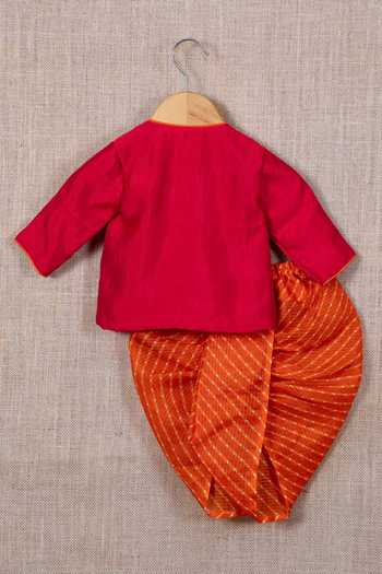 Shop_Minikin_Red Cotton, Silk Embroidery Kurta And Leheriya Pattern Dhoti Pant Set _at_Aza_Fashions